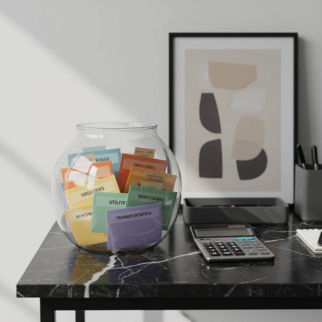 Interior de oficina con papel colorido etiquetado en un frasco.