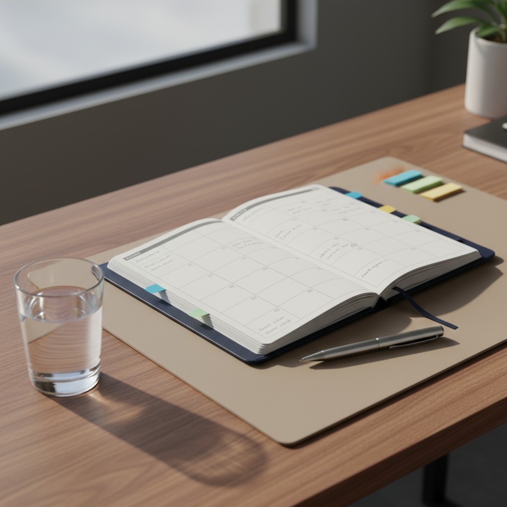 'image of a clean office space with a desk, journal, pen, and glass of water'