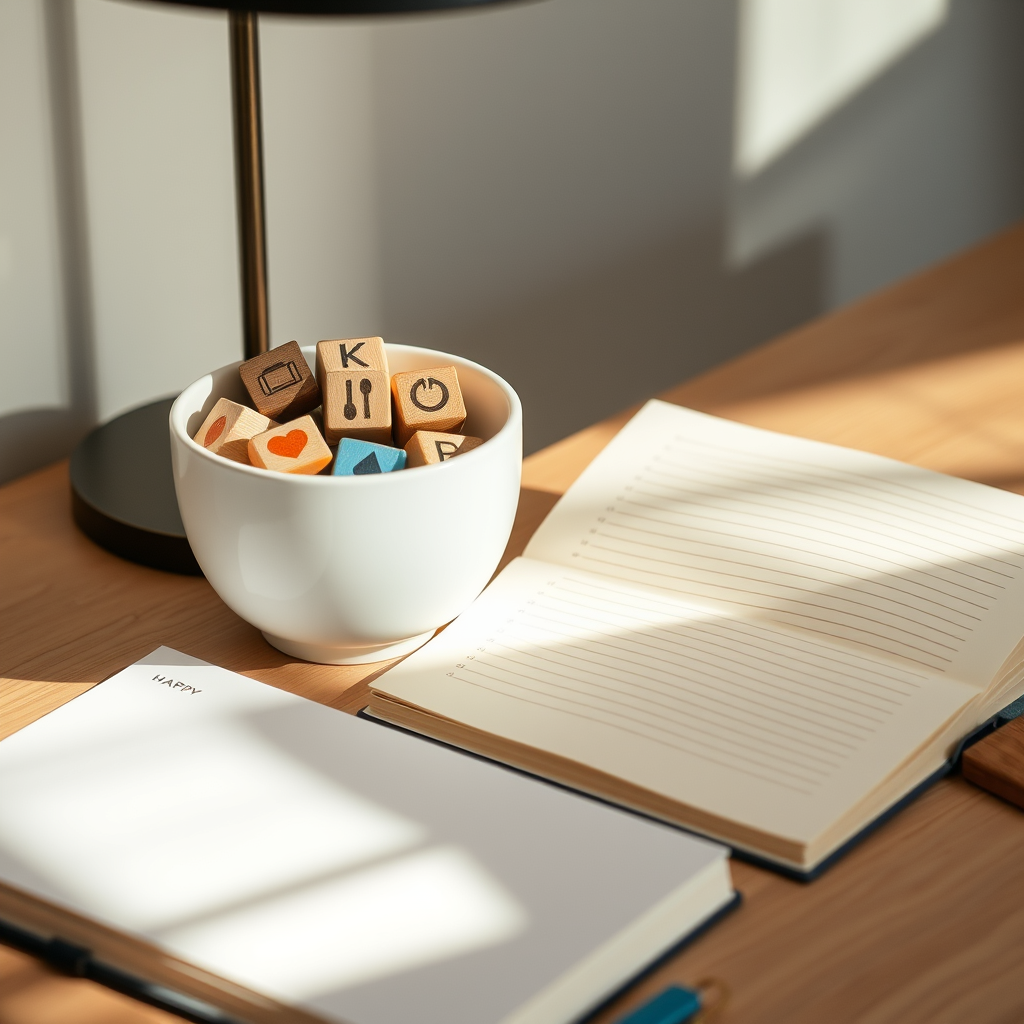 A studio desk setup with desk lamps, open journals, and a small white bowl containing wooden blocks displaying motivationa...